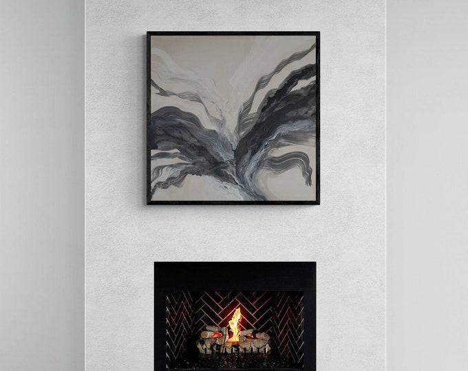 Large wall art 30"×30" fantasy abstract calm painting ready to ship original marble beige black acrylic picture on canvas for hallway