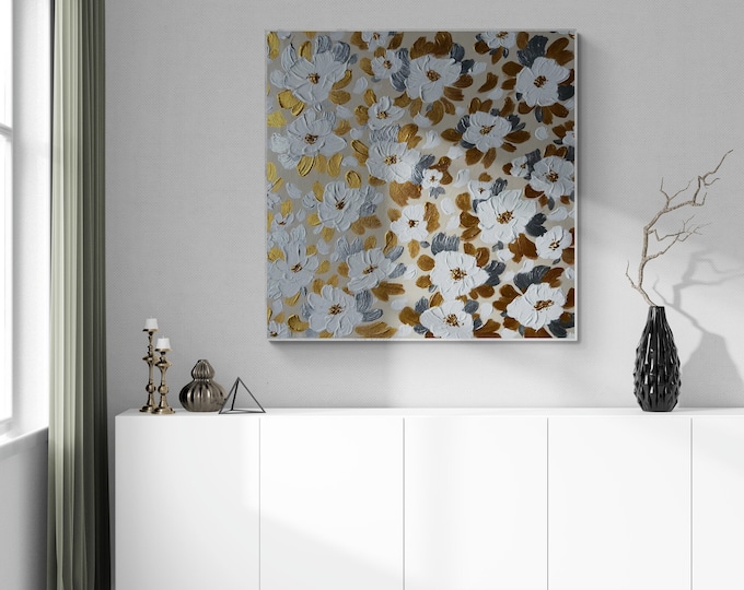 Large Floral Painting: Gold & Silver Leaves, Abstract Canvas Art