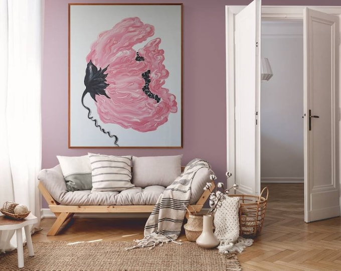 Oversized Pale Pink Flower Painting: Abstract Floral Canvas Wall Art