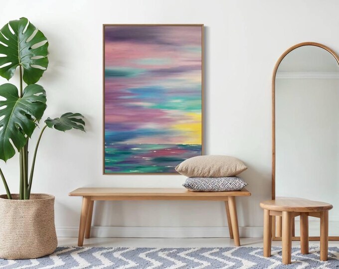 Oversized Abstract Seascape Painting: Modern Sunset Ocean Canvas Art