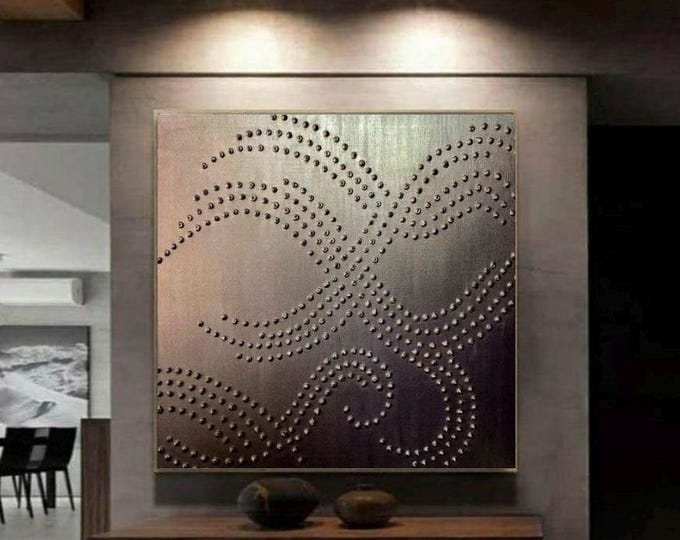 Large Black Pearl Plaster Painting, 3D Abstract Metallic Wall Art