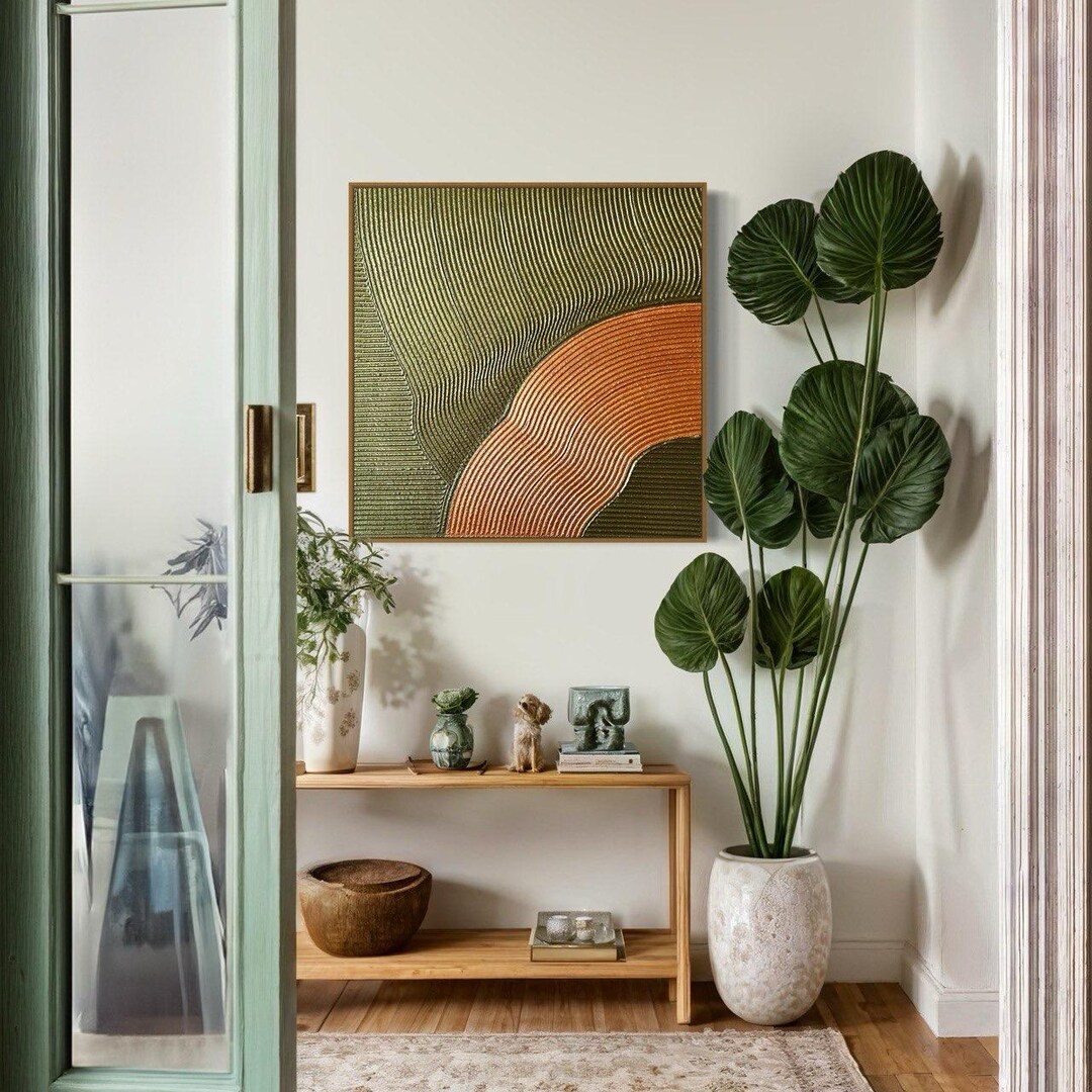 Oversized Textured Wall Art 3d Painting Green Metallic & Copper Lines ...