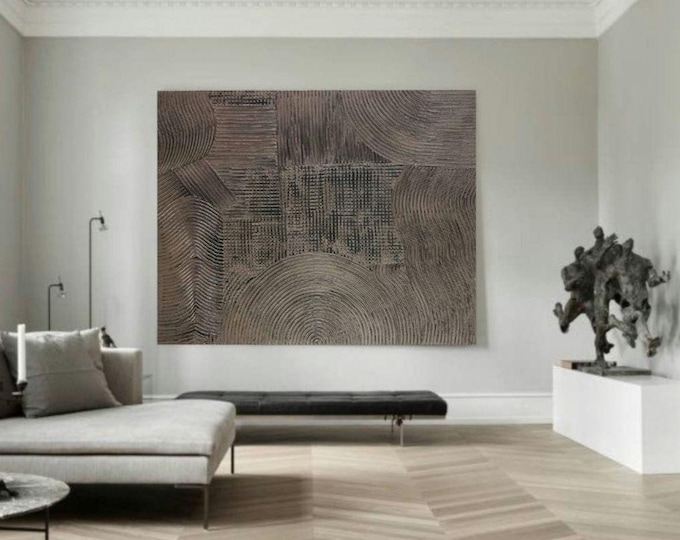 Extra Large Textured Wall Art Bronze Abstract Painting: Vintage Style 3D plaster Canvas Artwork