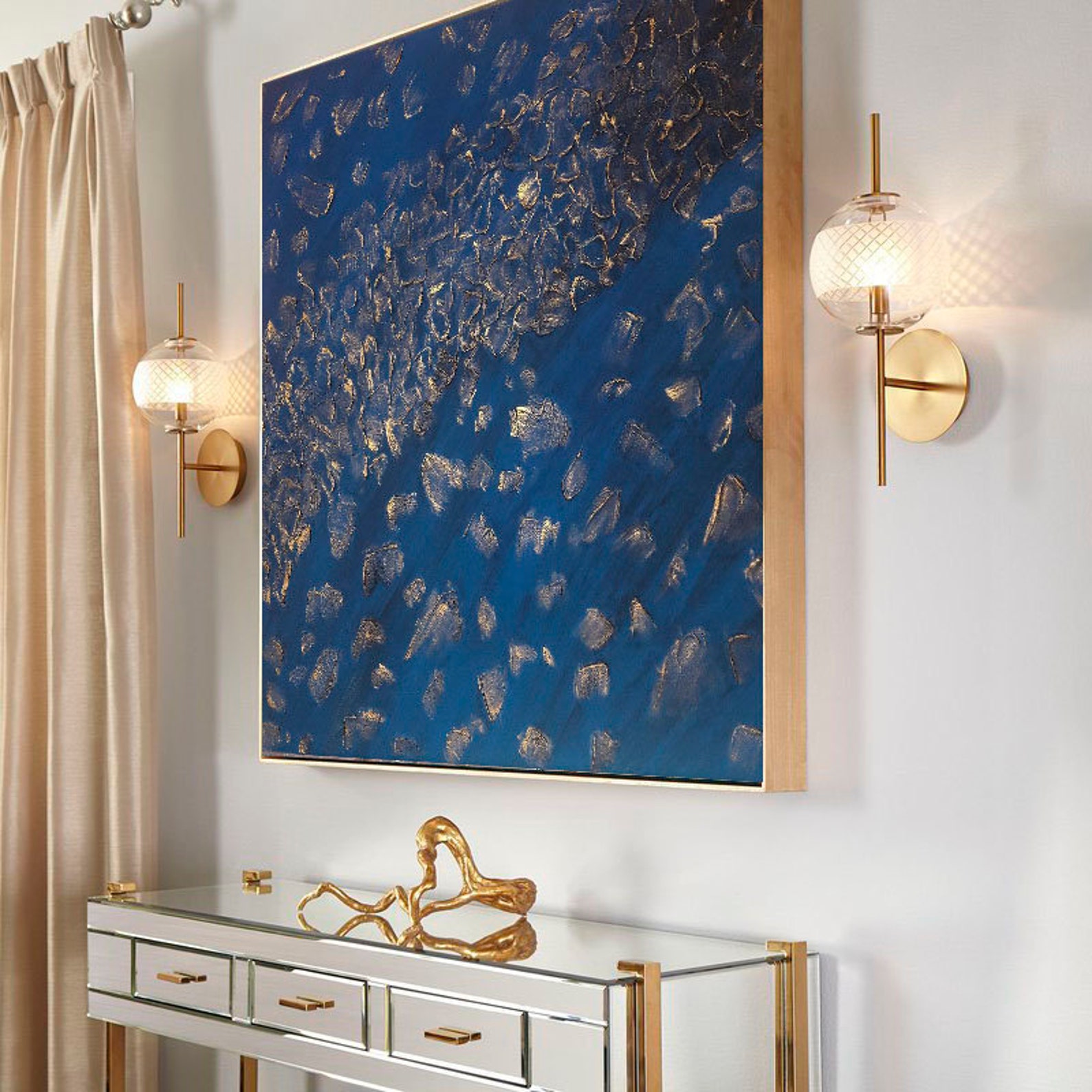 Large Painting Blue Texture Gold Accent Oversize Abstract Wall Etsy