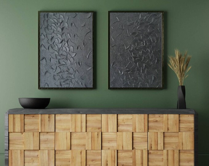 Textured Black Abstract Painting Set: 3D Monochrome Wall Art