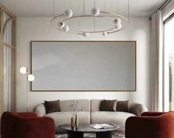 May include: A living room interior with a gray sofa, two red armchairs, a coffee table, and a large abstract artwork on the wall. A gold and white orb chandelier hangs from the ceiling.