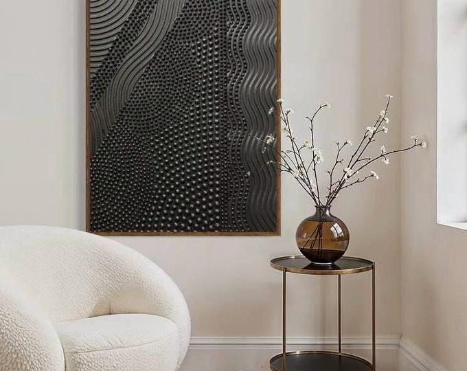 Black Textured Wall Art: Large Abstract 3D Dot Plaster Canvas