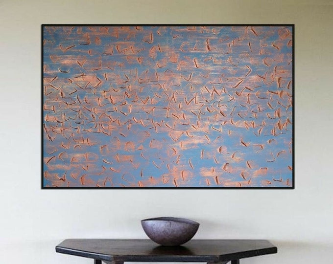 Blue Grey Abstract Painting: Copper Texture, Modern Canvas Art