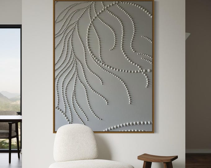 Oversized White Abstract Textured Wall Art Leaf 3D Dots Botanical Painting