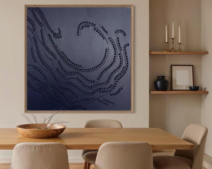 Extra Large Navy Blue Abstract Painting: 3D Textured Wall Art Handmade Canvas Home Decor