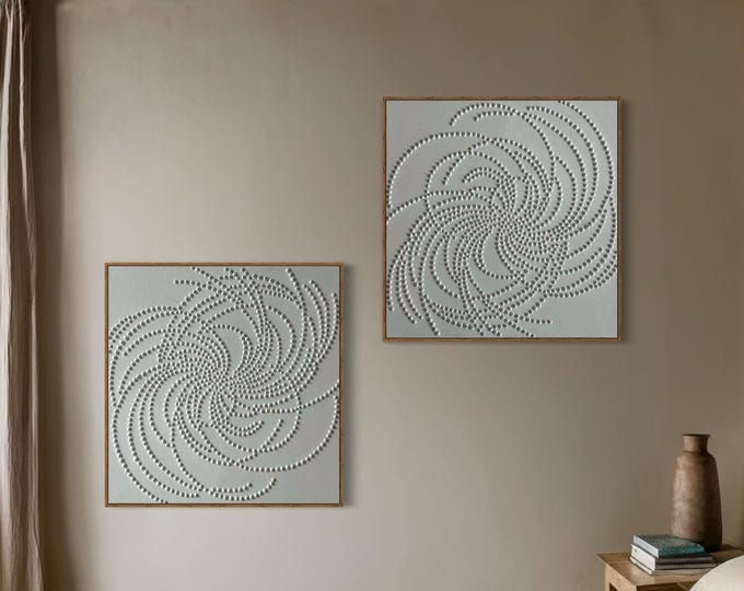 White 3D Dot Plaster Wall Art: Minimalist Helix Paintings, Set of 2