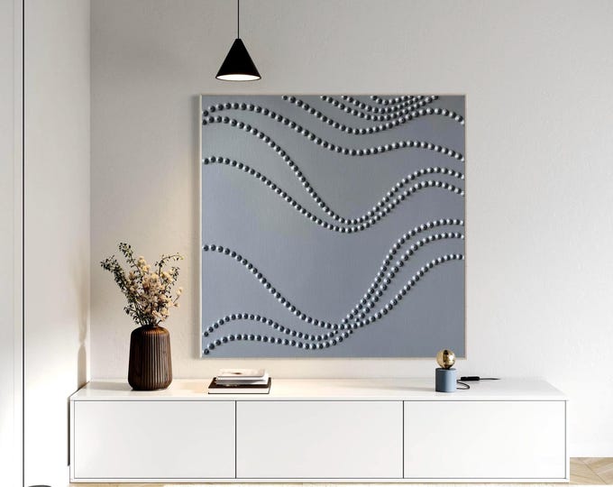 Extra Large Light Blue Abstract Painting: 3D Pointillism Textured Wall Art Decor Handmade Canvas