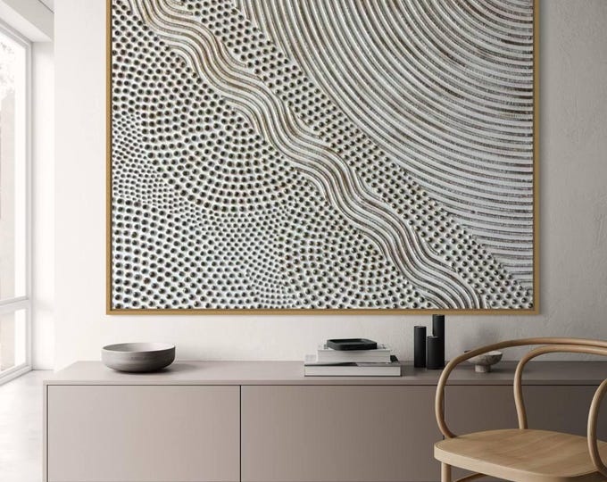 Textured Abstract Plaster Painting: White Bronze 3D Pointillism on Canvas