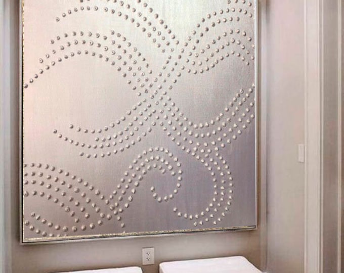 Large Pearl Silver Plaster Painting, 3D Dot Textured Abstract Canvas