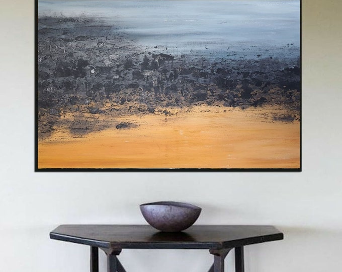 Oversize Abstract Texture Painting: Modern Blue & Yellow Canvas Art