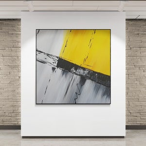 Large Abstract Canvas Painting: Yellow, Gray & Black Wall Art