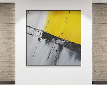 Large Abstract Canvas Painting: Yellow, Gray & Black Wall Art