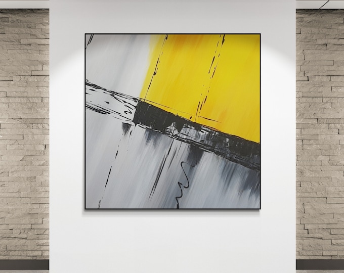 Large Abstract Canvas Painting: Yellow, Gray & Black Wall Art