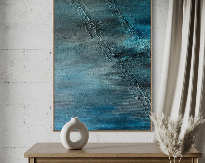 Oversized Blue Abstract Seascape Painting: 3D Texture Modern Canvas Wall Art