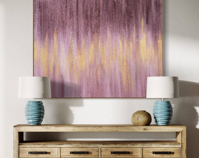 Oversized Pink Abstract Painting: Modern Textured Canvas with Gold Accent