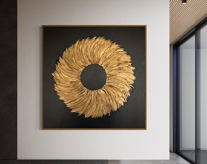 Oversized Gold 3D Textured Wreath Painting: Modern Black Bronze Wall Art