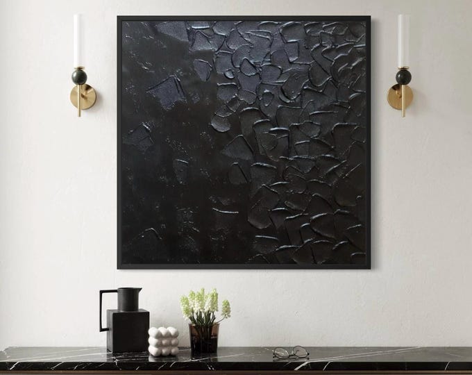 Large Black Textured Wall Art, Minimalist Abstract 3D Painting, Modern Luxury Statement Canvas, Contemporary Home Decor