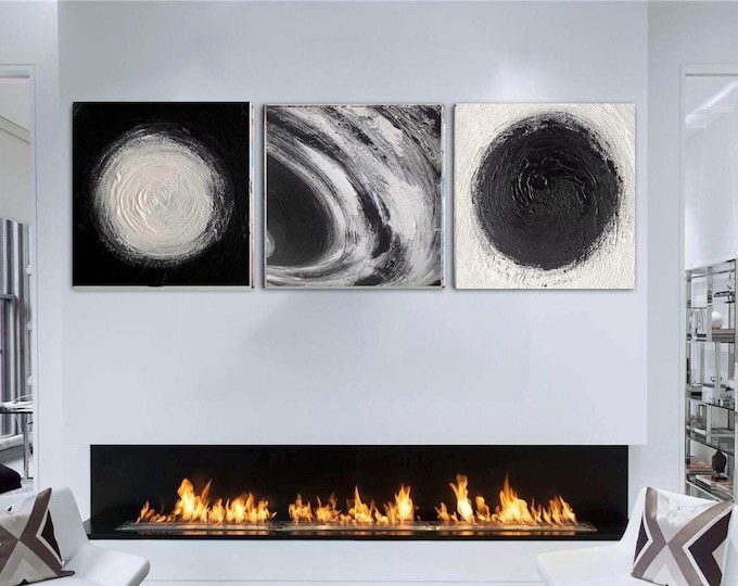 Large Black and White Abstract Painting Set: Modern Circle Canvas Art