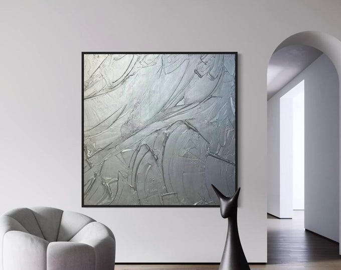 Oversized Silver 3D Plaster Painting: Brutal Minimalist Textured Wall Art