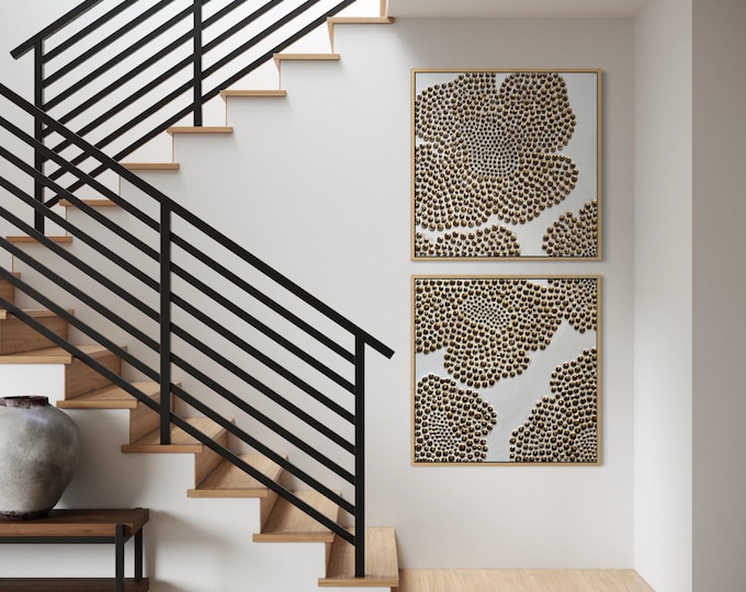 Set of 2 floral textured wall art, extra large 3d plaster white & bronze paintings