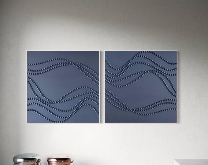 Navy Blue 3D dots Plaster Wall Art: Modern Abstract Wavy Lines, Set of 2