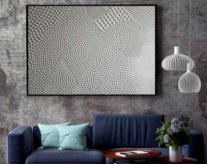 Large White Textured Wall Art: Abstract 3D Plaster Dot Painting