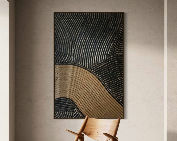 Large Abstract Textured Wall Art 3D Sculptural Painting Black & Bronze Canvas Plaster Mural