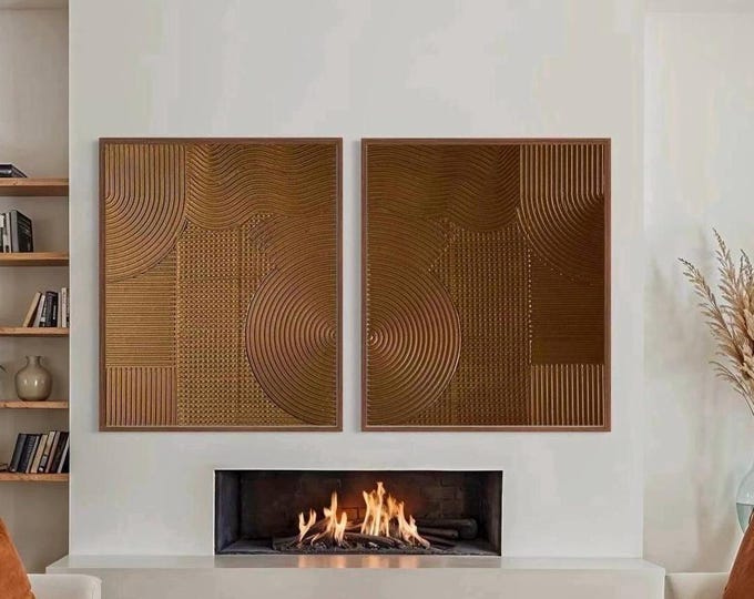 Oversized Bronze Textured Wall Art Geometric 3D Plaster Painting Set Modern Metallic Artwork Canvas Home Decor