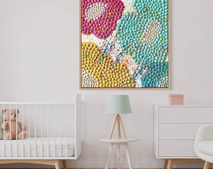 Large Textured 3d Floral Wall Art, Colorful Modern Handmade Canvas, Plaster 3d Dot Painting