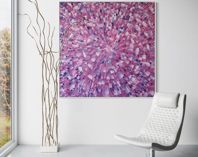 Oversize Abstract Floral Painting: Pink, Purple, and White Canvas Art