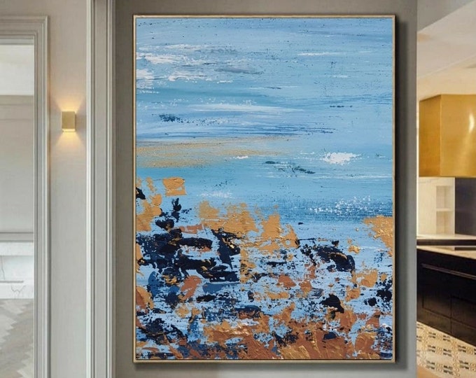 Large Abstract Seascape Painting: Gold Accent Texture Canvas Art