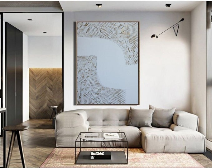 Large Textured White Gold Abstract Painting: Oversized Modern Plaster Wall Art