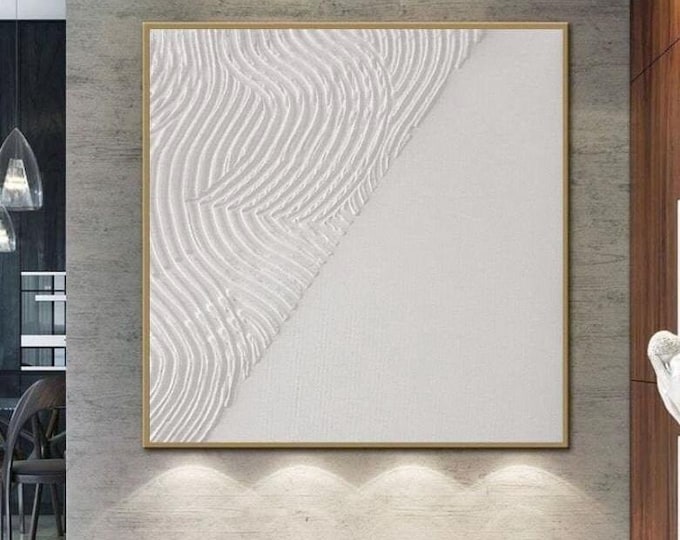 Large Textured Wall Art White Abstract Painting 3d Plaster Modern Handmade Canvas Neutral Home Decor