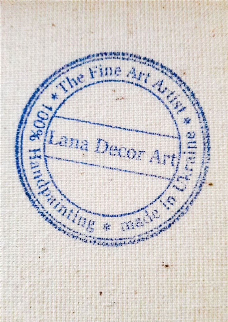 May include: Blue circular stamp with the text "100% Hand-painting * The Fine Art Artist * Made in EU * Lana Decor Art"