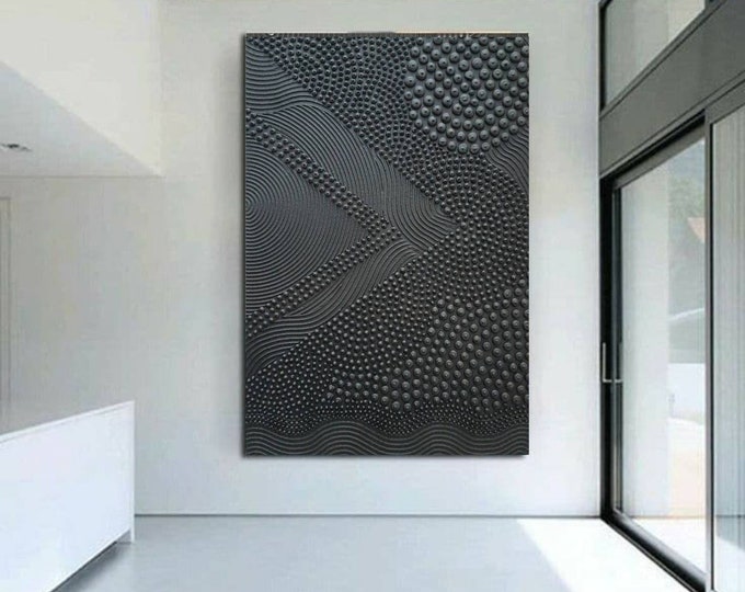 Textured Black 3D Dots Painting: Large Modern Abstract Canvas Art