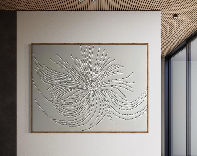 Extra Large White Textured Wall Art Dot 3D Painting: Abstract Boho Plaster Wall Decor Handmade Canvas