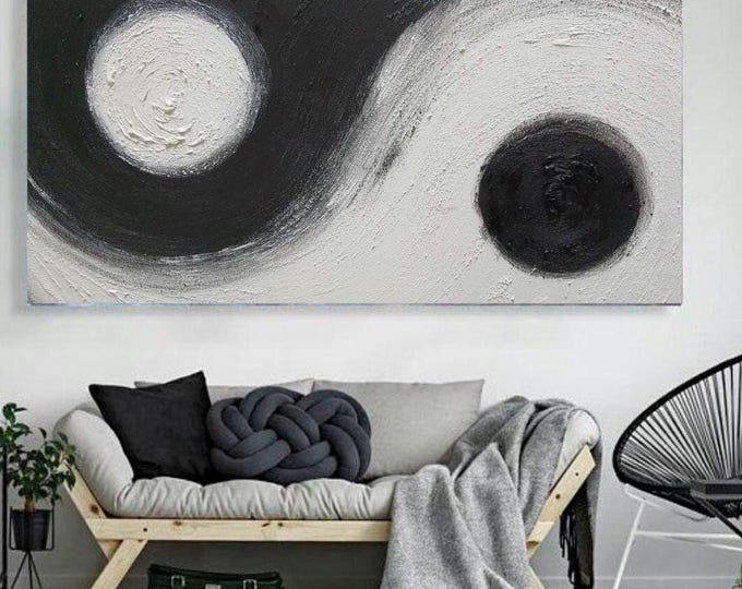 Oversized Black and White Abstract Painting: Original Modern Canvas Wall Art