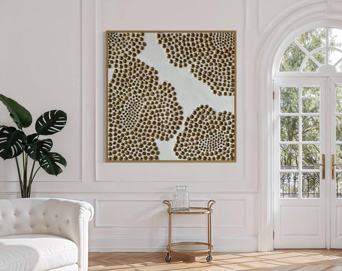 Handmade 3D Plaster Flower Painting, White Bronze Textured Floral Wall Art