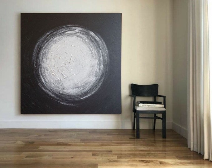 Oversize Black & White Canvas Painting: Modern White Point Wall Art