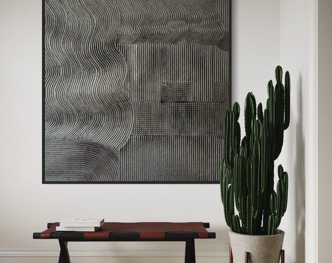 Oversized Silver 3D Plaster Wall Art: Abstract Textured Painting
