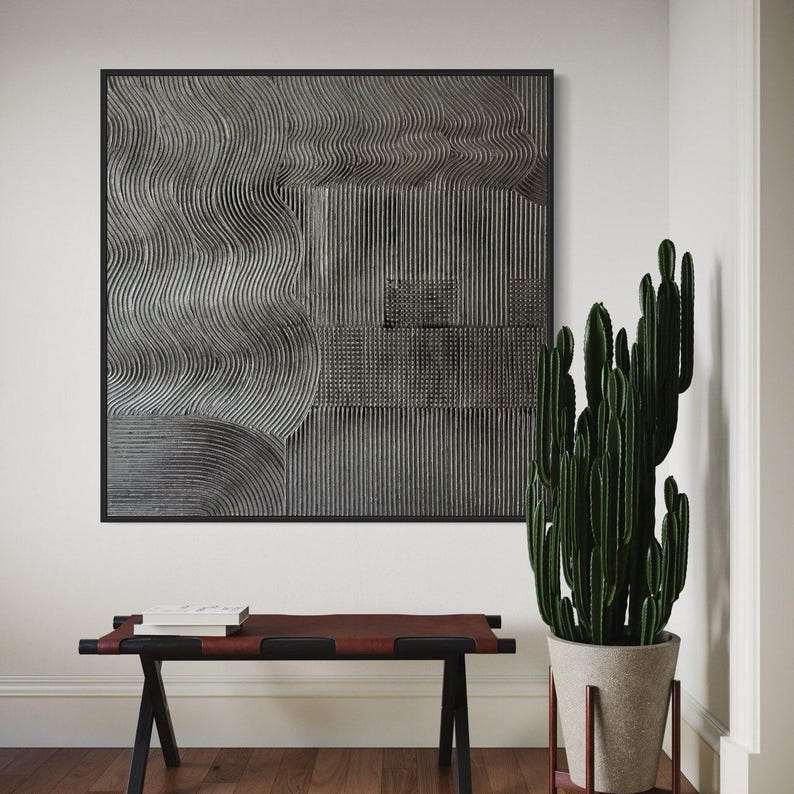 Large Silver Metallic With Patina 3d Plaster Wall Art Abstract Texture