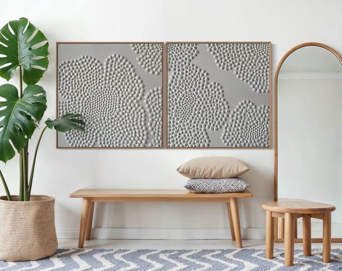 Textured 3D Plaster Flower Painting Set: Extra Large Abstract Wall Art