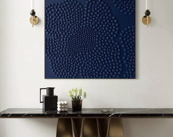 Large Navy Blue Textured Floral Abstract Wall Art 3D Dot Plaster Handmade Painting