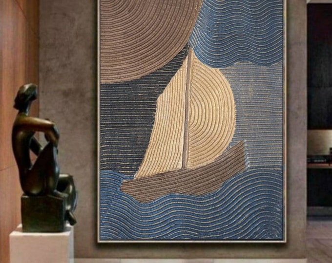 Abstract Sailboat Textured Wall Art, 3D Plaster Painting, Handmade Modern Canvas