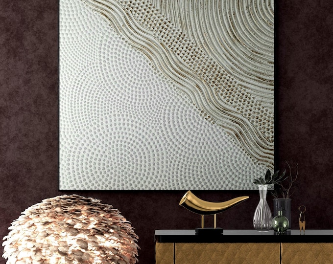 Large Handmade White Gold Textured Wall Art Abstract 3d Painting Modern Sculptural Canvas
